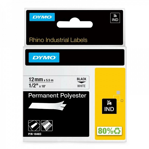 Картридж c полиэстровой лентой для принтеров Dymo Rhinо, черный шрифт, 5.5 м х 12 мм Белый