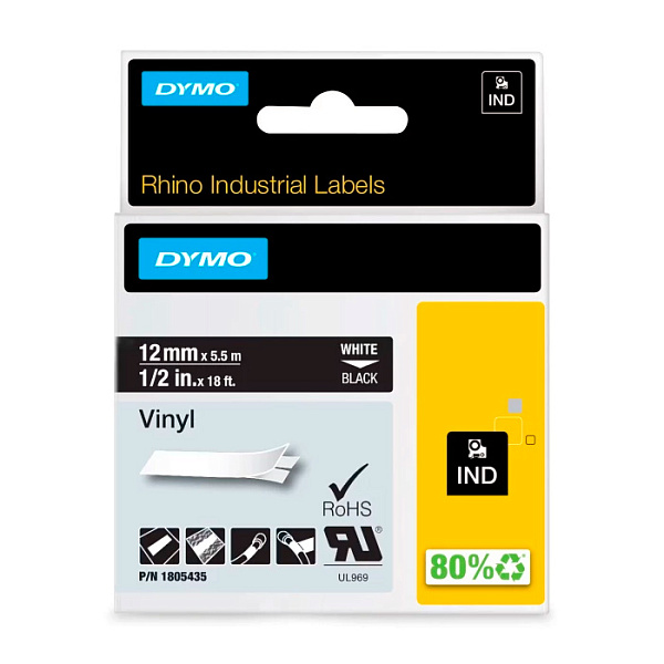 Картридж с виниловой лентой для принтеров Dymo Rhino, белый шрифт, 5.5 м х 12 мм Черный