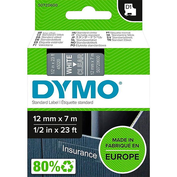 Картридж с виниловой лентой D1 для принтеров Dymo, пластик, белый шрифт, 12 мм х 7 м Прозрачный