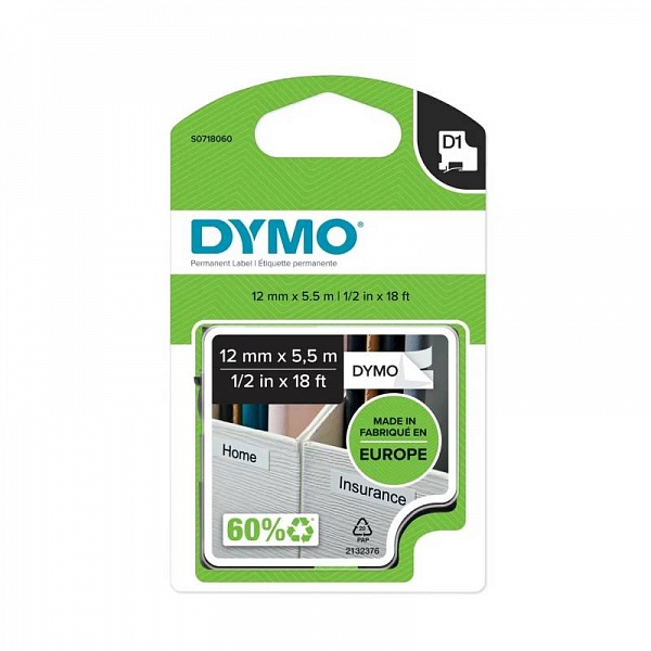 Картридж c полиэстровой лентой D1 для принтеров Dymo Label Manager, черный шрифт, 5.5 м x 12 мм Белый