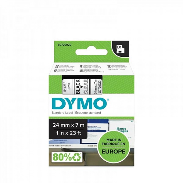 Картридж с виниловой лентой D1 для принтеров Dymo, пластик, черный шрифт, 24 мм х 7 м Прозрачный