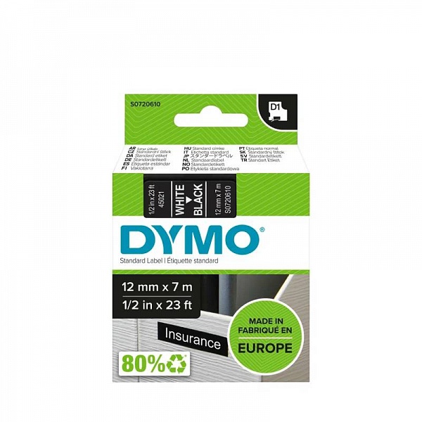 Картридж с виниловой лентой D1 для принтеров Dymo Label Manager, пластик, белый шрифт, 12 мм х 7 м Черный