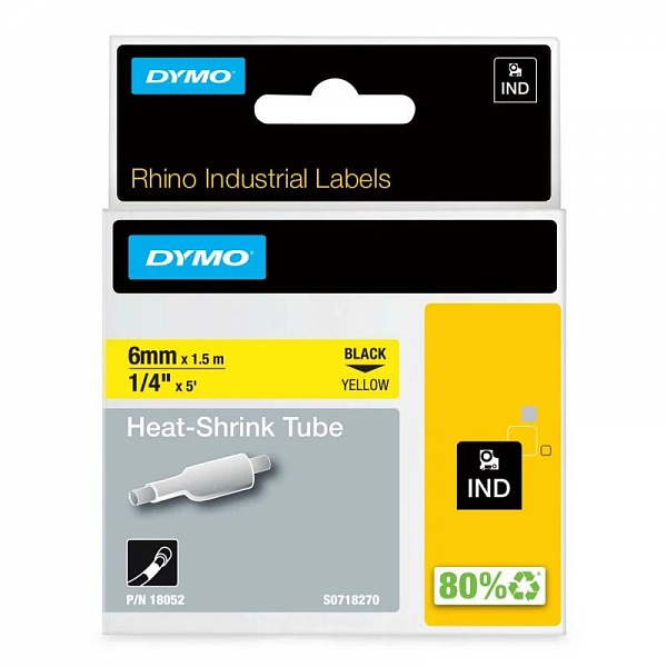 Картридж с термоусадочной трубкой для принтеров Dymo Rhino, черный шрифт, 1.5 м x 6 мм Желтый