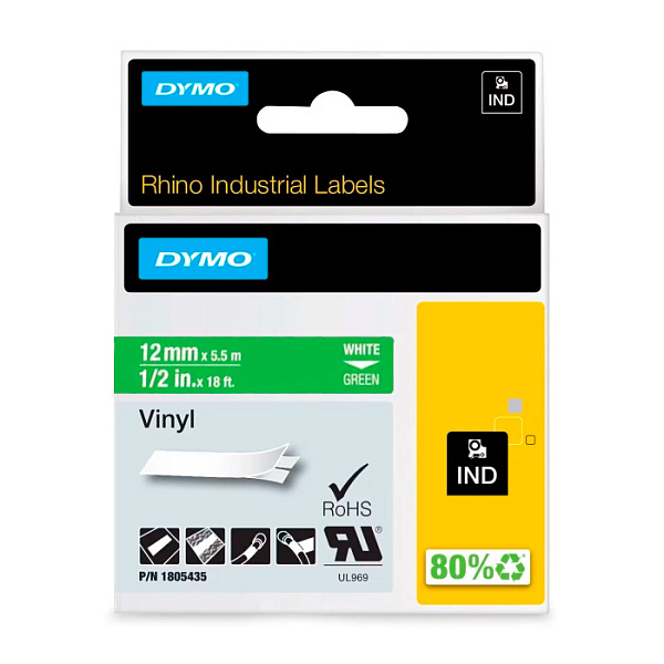 Картридж с виниловой лентой для принтеров Dymo Rhino, белый шрифт, 5.5 м х 12 мм Зеленый