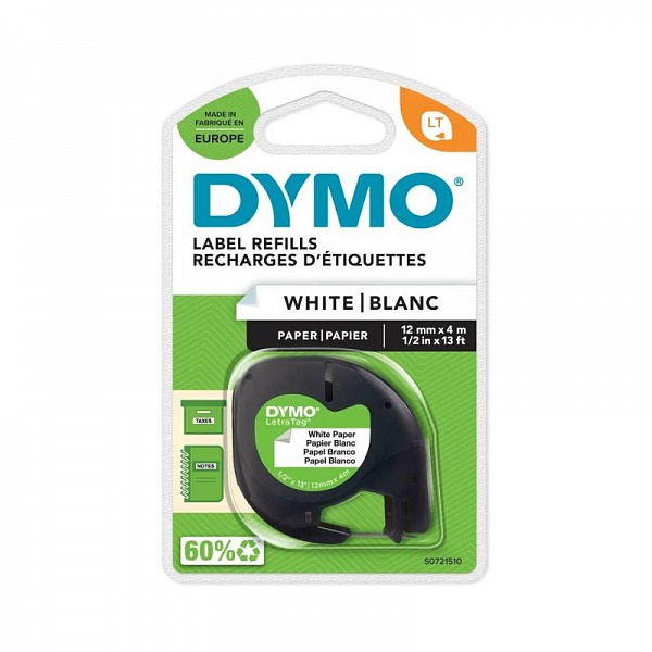 Картридж с бумажной лентой для принтера Dymo LetraTag, черный шрифт, 12 мм х 4 м, блистер Белый