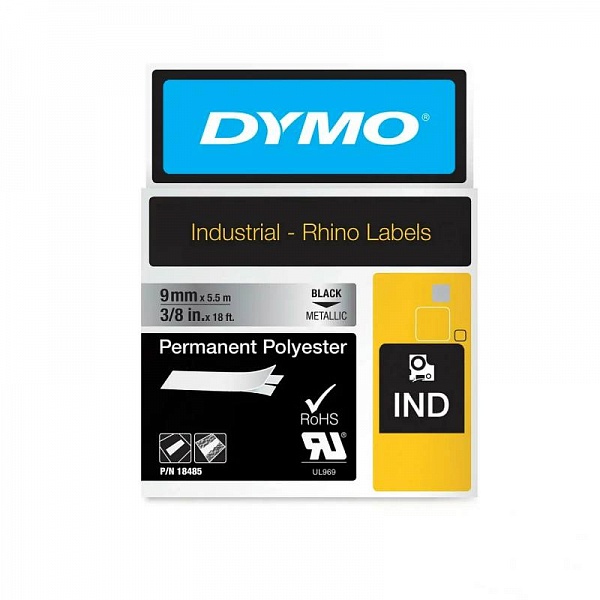 Картридж c полиэстровой лентой для принтеров Dymo Rhino, черный шрифт, 5.5 м х 9 мм Металлик
