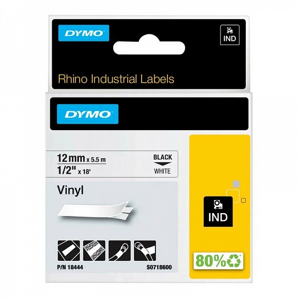 Картридж c виниловой лентой для принтеров Dymo Rhino, черный шрифт, 5.5 м x 12 мм Белый