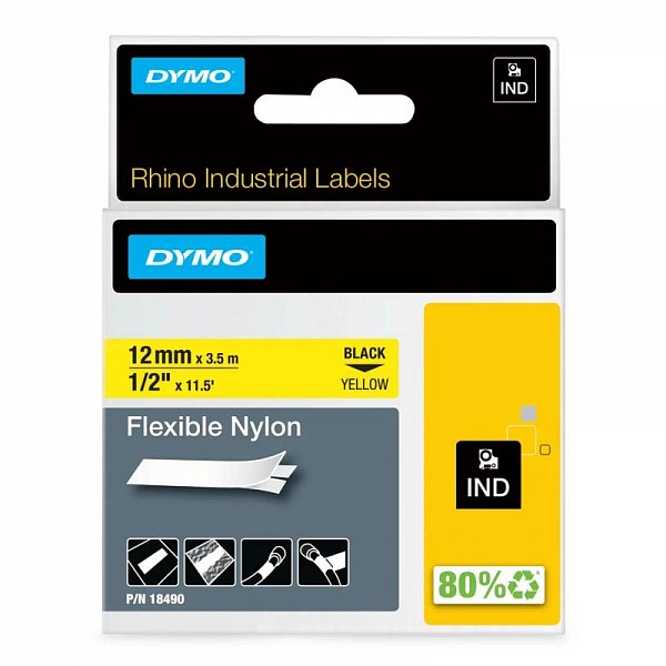 Картридж c нейлоновой лентой для принтеров Dymo Rhino, черный шрифт, 3.5 м х 12 мм Желтый
