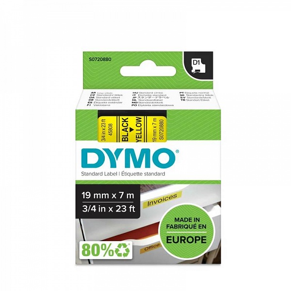 Картридж с виниловой лентой D1 для принтеров Dymo, пластик, черный шрифт, 19 мм х 7 м Желтый
