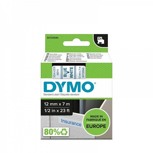 Картридж с виниловой лентой D1 для принтеров Dymo Label Manager, пластик, голубой шрифт, 12 мм х 7 м Белый